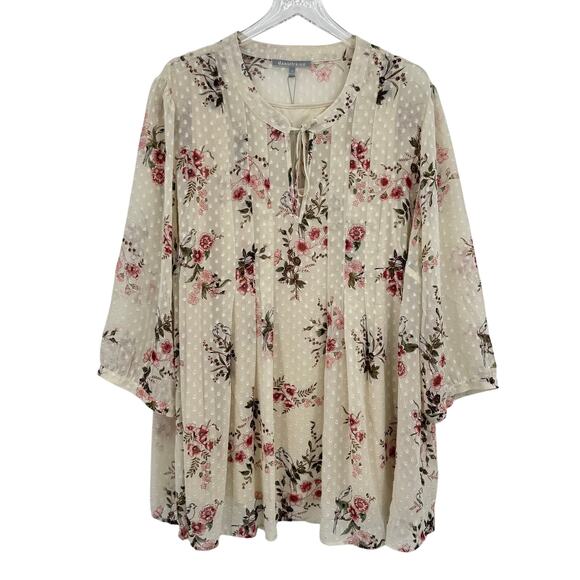 Daniel Rainn blouse 3X peasant Swiss dot cream red floral bird print chiffon NEW - Picture 1 of 9
